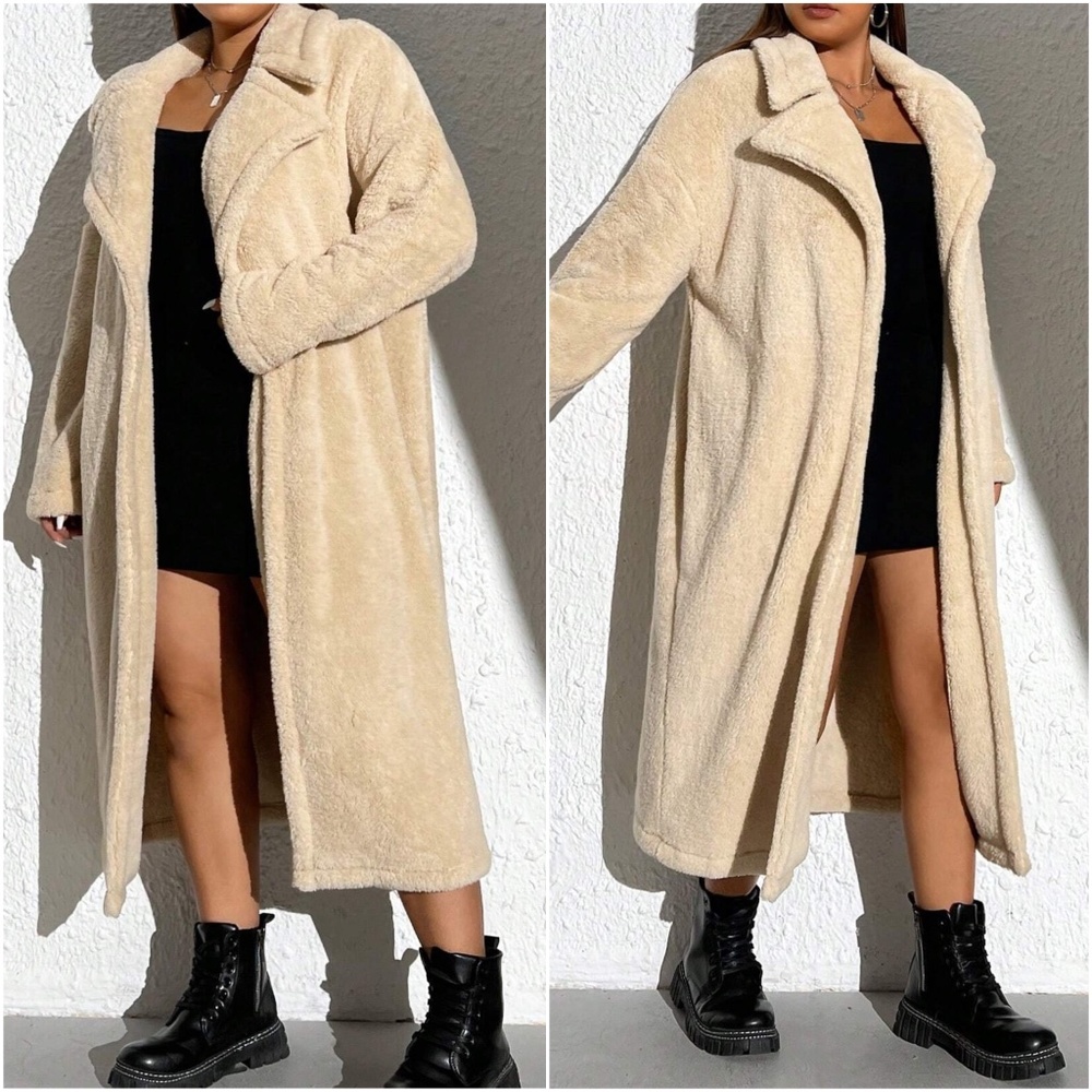 Plus Open Front Teddy Oversized collared Jacket Coat - Picture 3 of 3
